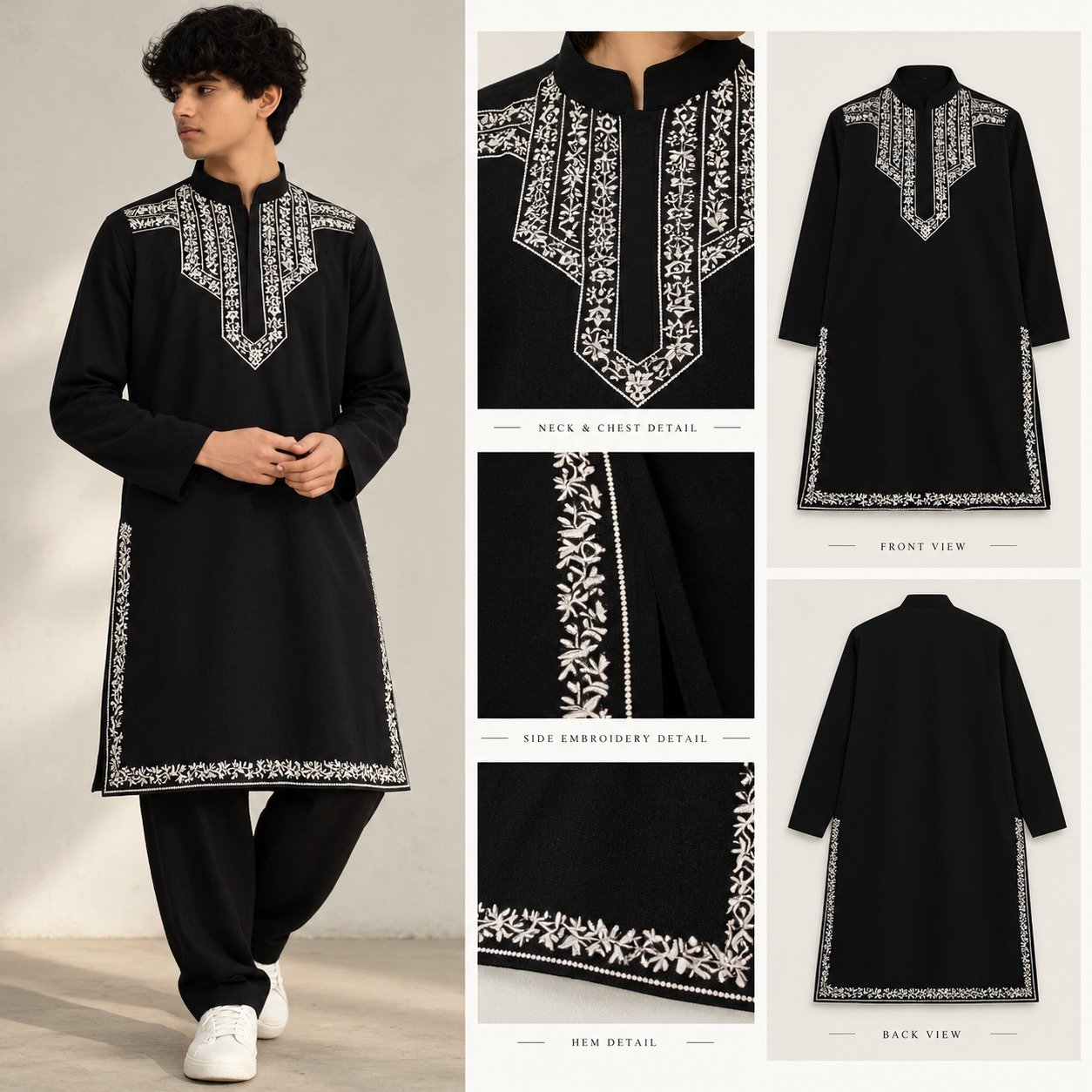 Black Semi Short Embroided Kurta